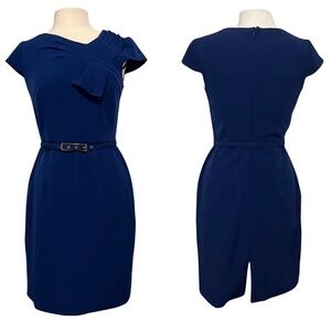 Sandra Darren Dress Sz 8 Blue Sheath Pencil Professional Work Pleats Asymmetric